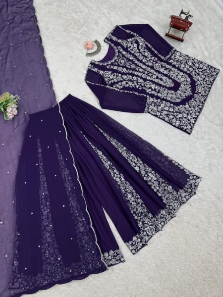 Elegant Purple Georgette Sharara Suit with Heavy Silver Embroidery Fully Stitched Partywear Ensemble Ready To Wear Collection