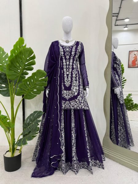 Elegant Purple Georgette Sharara Suit with Heavy Silver Embroidery Fully Stitched Partywear Ensemble Ready To Wear Collection