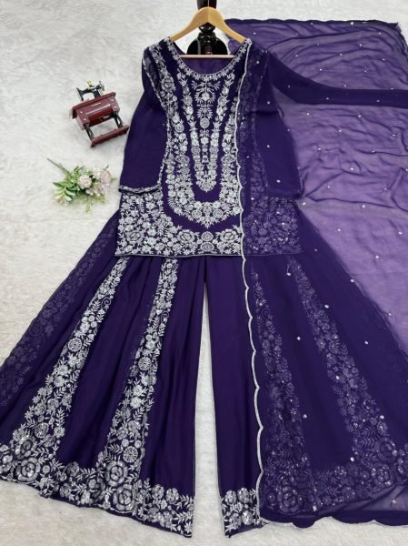 Elegant Purple Georgette Sharara Suit with Heavy Silver Embroidery Fully Stitched Partywear Ensemble Ready To Wear Collection