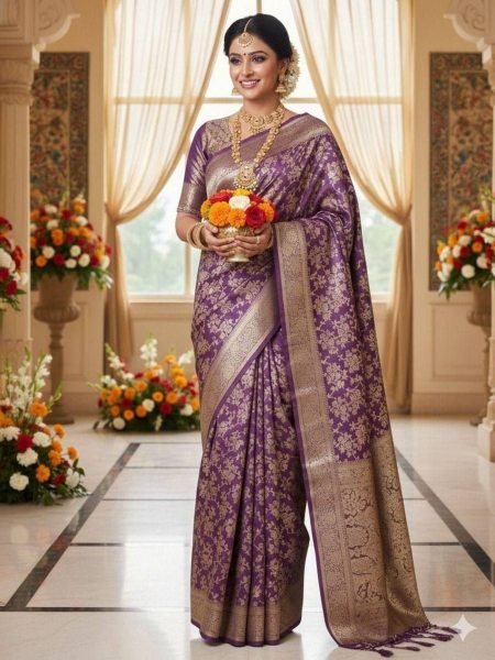 Elegant Purple Premium Pure Mercerised Soft Silk Saree with Contrast Blouse Sarees 