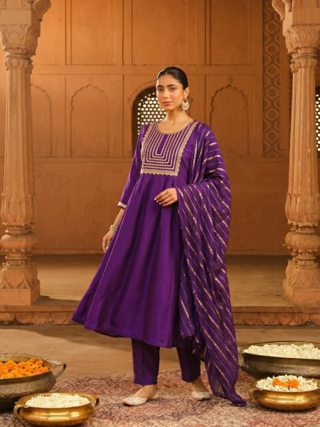 Elegant Purple Viscose Silk 3 Piece Suit Set with Embroidered Kurti & Bottom Kurtis