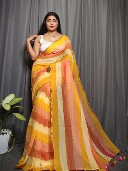 Elegant Rainbow Mull Cotton Saree Pure Cotton Without Blouse Piece