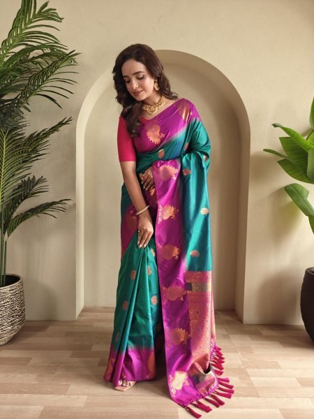 Elegant Rama Festive Dual Tone Silk Saree with Contrast Designer Pallu 