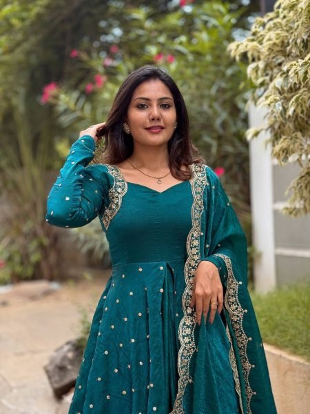 Elegant Rama Green Silk Gown with Sequin Work & Dupatta Ready to Wear Anarkali Kurtis 