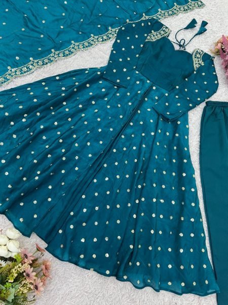 Elegant Rama Green Silk Gown with Sequin Work & Dupatta Ready to Wear Anarkali Kurtis 