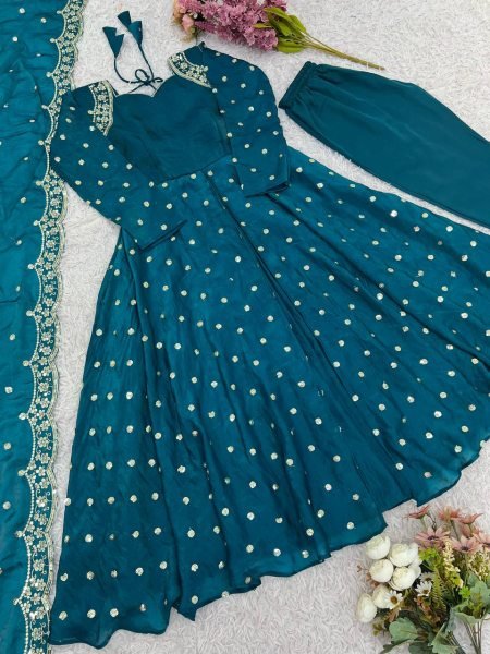 Elegant Rama Green Silk Gown with Sequin Work & Dupatta Ready to Wear Anarkali Kurtis 