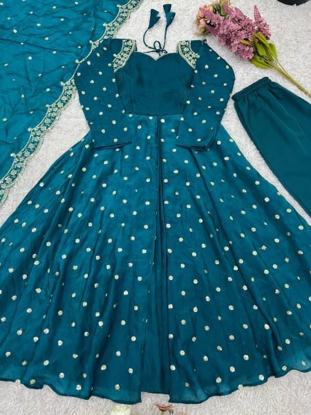 Elegant Rama Green Silk Gown with Sequin Work & Dupatta Ready to Wear Anarkali Kurtis 