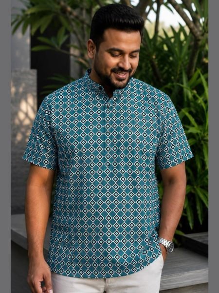 Elegant Rama Stylish Printed Cotton Half Sleeve Short Kurta for Men 