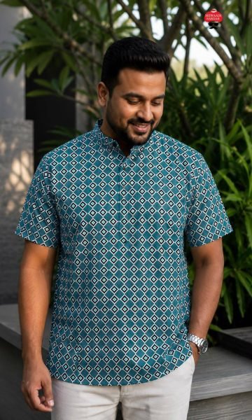 Elegant Rama Stylish Printed Cotton Half Sleeve Short Kurta for Men Mens Shirt