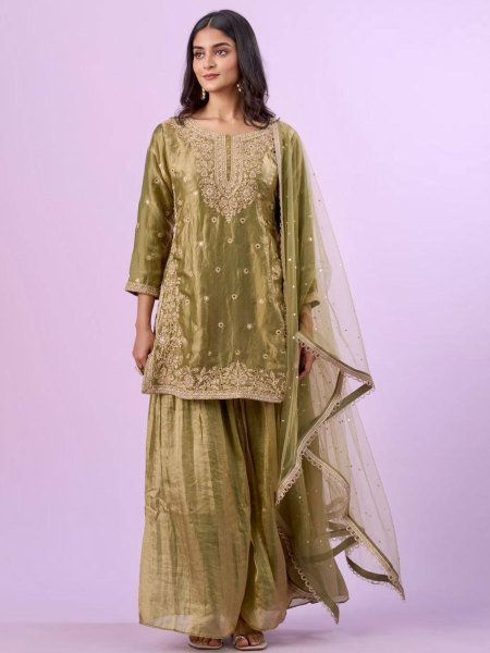 Elegant Range Olive Green Fandy Silk Party Wear Palazzo Set with Lace Dupatta Ready To Wear Suit