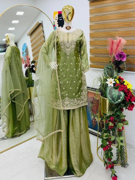Elegant Range Olive Green Fandy Silk Party Wear Palazzo Set with Lace Dupatta Ready To Wear Collection