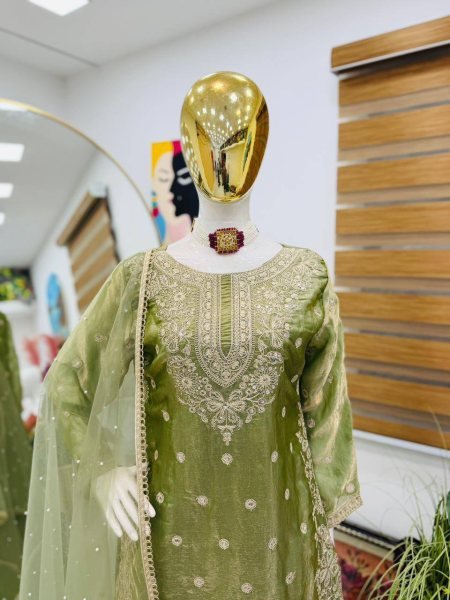 Elegant Range Olive Green Fandy Silk Party Wear Palazzo Set with Lace Dupatta Ready To Wear Collection