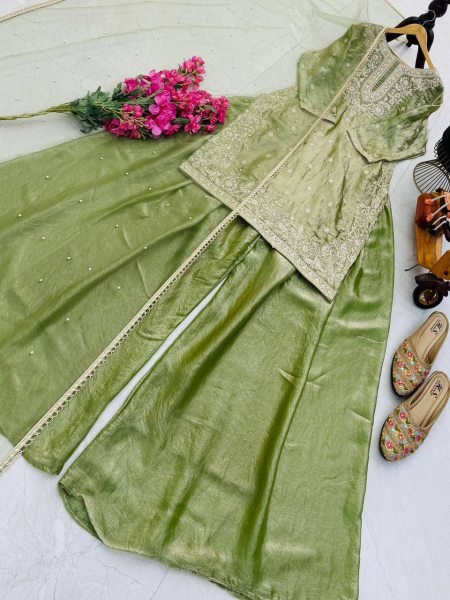 Elegant Range Olive Green Fandy Silk Party Wear Palazzo Set with Lace Dupatta Ready To Wear Collection