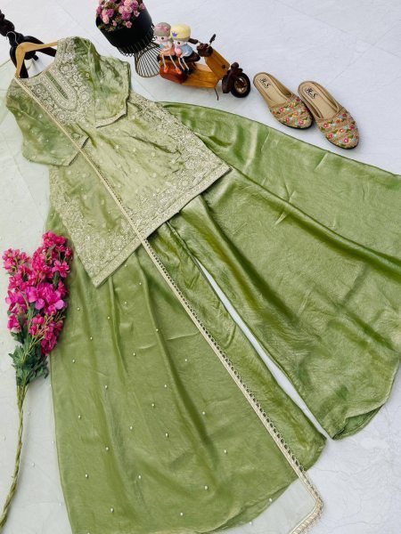 Elegant Range Olive Green Fandy Silk Party Wear Palazzo Set with Lace Dupatta Ready To Wear Collection