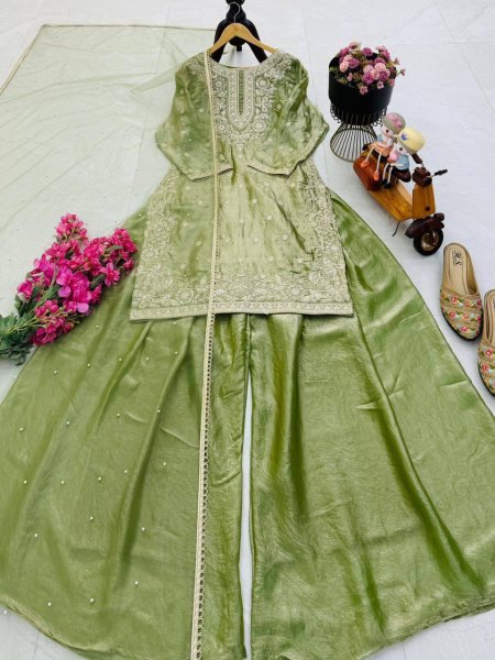Elegant Range Olive Green Fandy Silk Party Wear Palazzo Set with Lace Dupatta Ready To Wear Collection