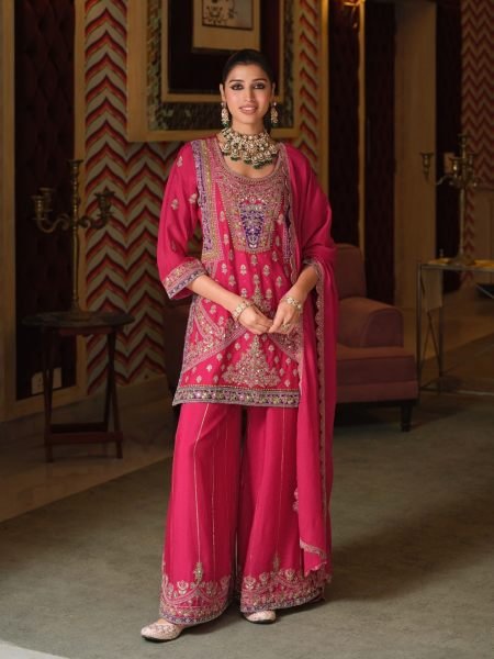 Elegant Rani Pink Chinon Top Palazzo Dupatta Set with All Over Embroidery Work 