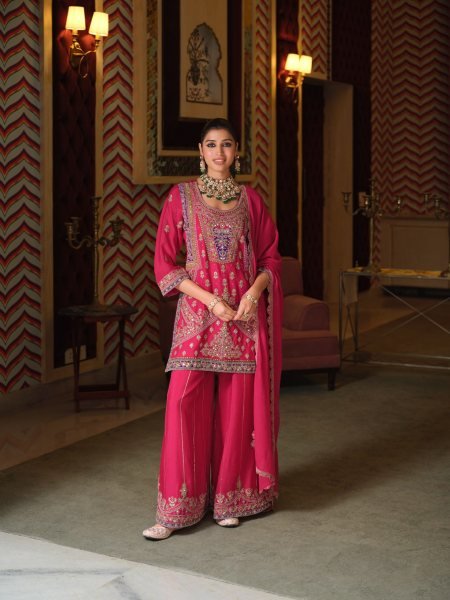 Elegant Rani Pink Chinon Top Palazzo Dupatta Set with All Over Embroidery Work Designer Plazzo Salwar Suits Wholesale