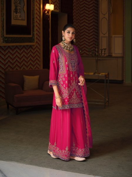 Elegant Rani Pink Chinon Top Palazzo Dupatta Set with All Over Embroidery Work Designer Plazzo Salwar Suits Wholesale