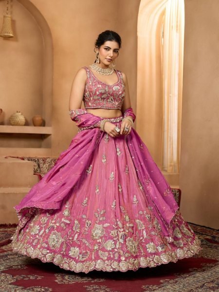 Elegant Rani Pink Wedding Pure Tissue Lehenga with Heavy Embroidery and Sequins Work 