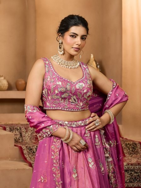 Elegant Rani Pink Wedding Pure Tissue Lehenga with Heavy Embroidery and Sequins Work Designer Lehenga Choli