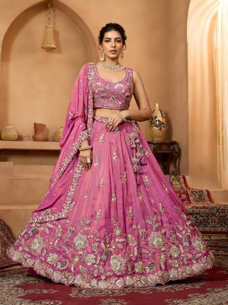 Elegant Rani Pink Wedding Pure Tissue Lehenga with Heavy Embroidery and Sequins Work Designer Lehenga Choli