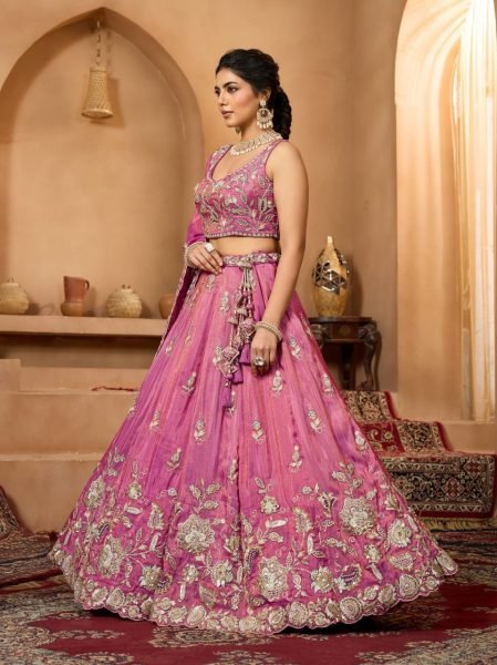Elegant Rani Pink Wedding Pure Tissue Lehenga with Heavy Embroidery and Sequins Work Designer Lehenga Choli