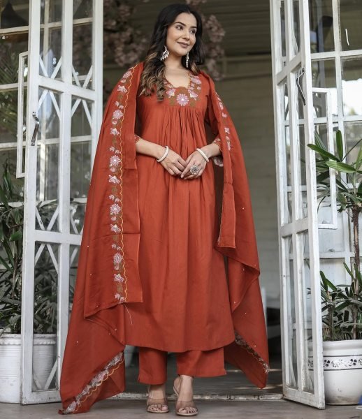 Elegant Rayon Slub Anarkali Kurta Set with Threadwork   Flared Detailing Ready to Wear 3 Piece Kurti Set