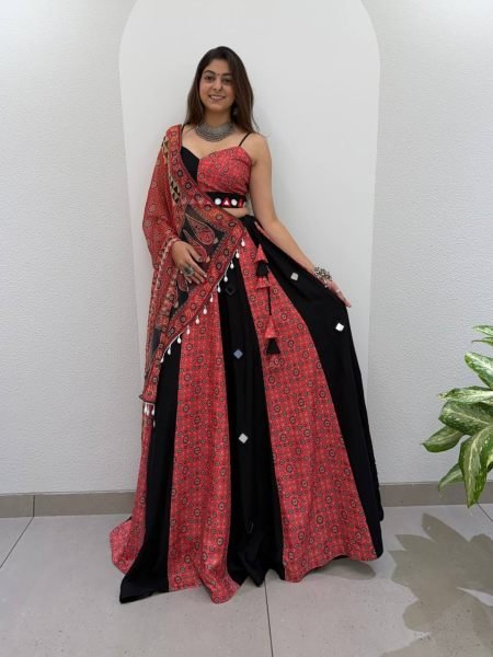 Elegant Red Black Navratri Printed Rayon Lehenga Choli with Real Mirror Work For Navrati  Lehenga