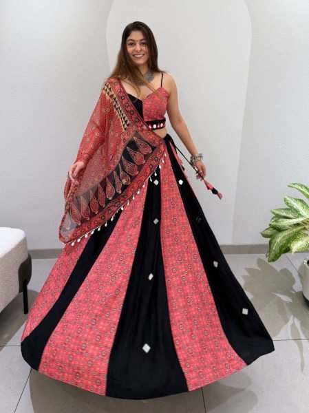 Elegant Red Black Navratri Printed Rayon Lehenga Choli with Real Mirror Work For Navrati Navratri Lehnega Choli