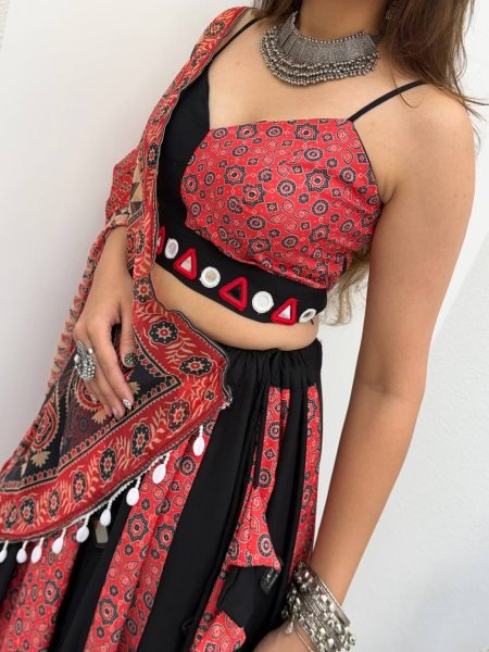 Elegant Red Black Navratri Printed Rayon Lehenga Choli with Real Mirror Work For Navrati Navratri Lehnega Choli