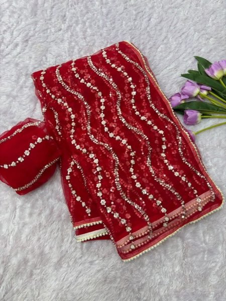 Elegant Red Butterfly Net Saree with Embellished Unstitched Blouse at Wholesale Rate Bollywood Fancy Sarees Wholesale