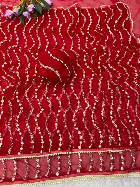 Elegant Red Butterfly Net Saree with Embellished Unstitched Blouse at Wholesale Rate Bollywood Fancy Sarees Wholesale