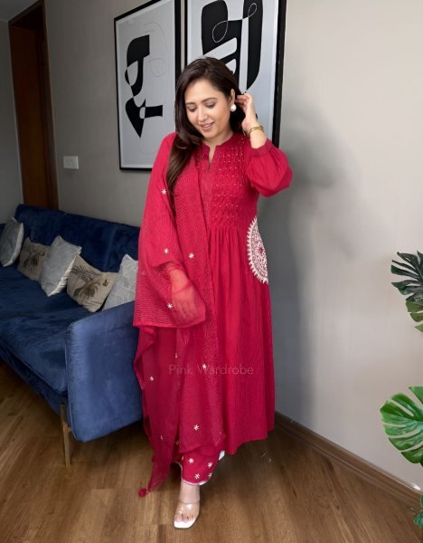 Elegant Red Cotton Kurta Pant Set with Dupatta   Bracelet perfect for casual wear 3 Piece Kurti Set