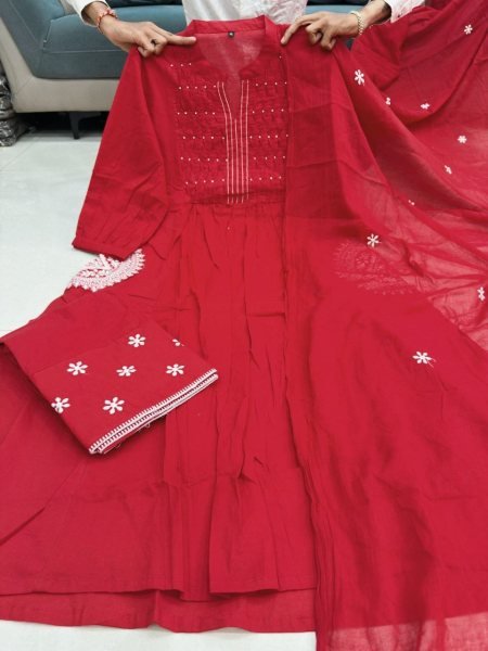 Elegant Red Cotton Kurta Pant Set with Dupatta   Bracelet perfect for casual wear 3 Piece Kurti Set