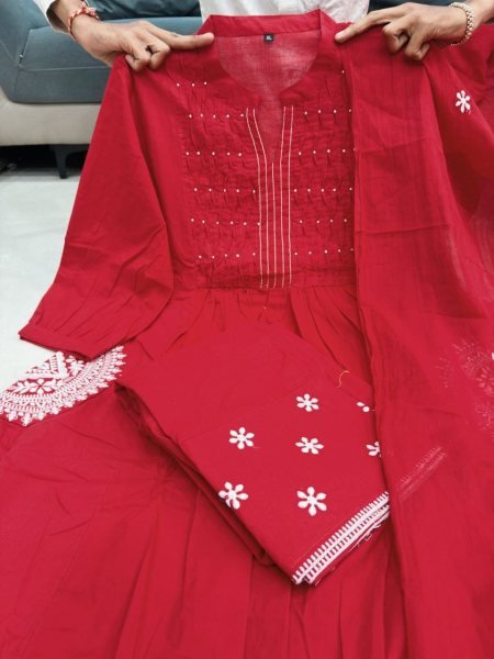 Elegant Red Cotton Kurta Pant Set with Dupatta   Bracelet perfect for casual wear 3 Piece Kurti Set