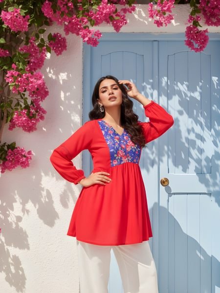 Elegant Latest Women’s Red Georgette V Neck Printed Tunic 