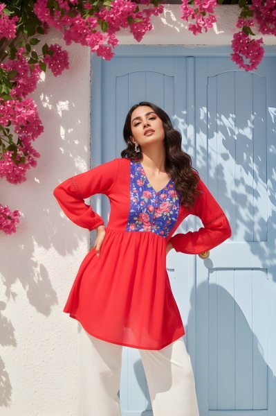 Elegant Latest Women’s Red Georgette V Neck Printed Tunic Tunics kurti