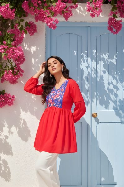 Elegant Latest Women’s Red Georgette V Neck Printed Tunic Tunics kurti