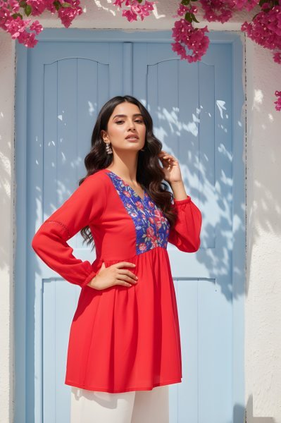 Elegant Latest Women’s Red Georgette V Neck Printed Tunic Tunics kurti