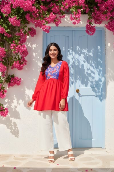Elegant Latest Women’s Red Georgette V Neck Printed Tunic Tunics kurti