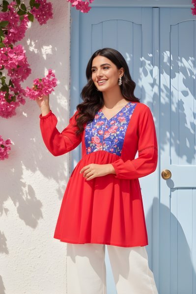 Elegant Latest Women’s Red Georgette V Neck Printed Tunic Tunics kurti