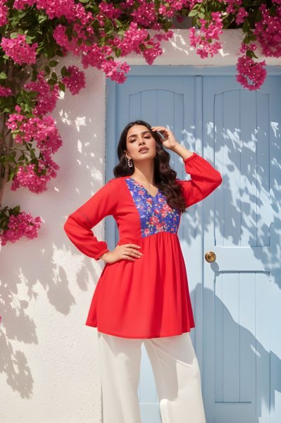 Elegant Latest Women’s Red Georgette V Neck Printed Tunic Tunics kurti