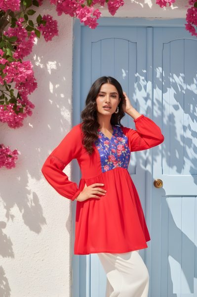 Elegant Latest Women’s Red Georgette V Neck Printed Tunic Tunics kurti