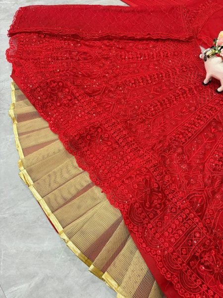 Elegant Red Embroidered Net Lehenga with Dupatta Ready for Brides Designer Lehenga Choli