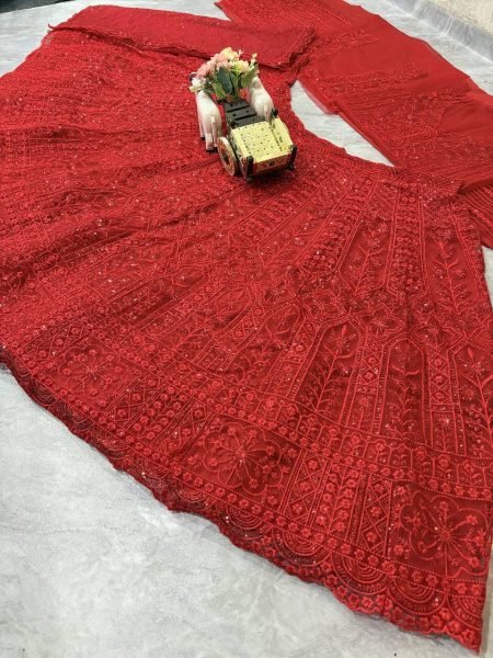 Elegant Red Embroidered Net Lehenga with Dupatta Ready for Brides Designer Lehenga Choli