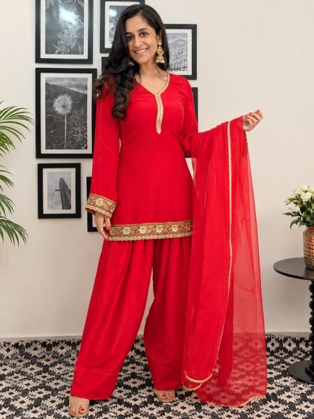 Elegant Red Fandy Satin Embroidered Kurti Farshi Salwar Dupatta Set at Manufacturer  