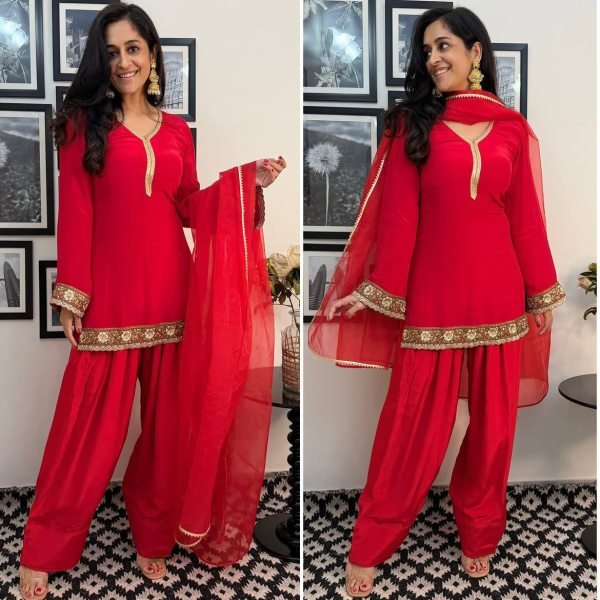 Elegant Red Fandy Satin Embroidered Kurti Farshi Salwar Dupatta Set at Manufacturer  Ready To Wear Collection