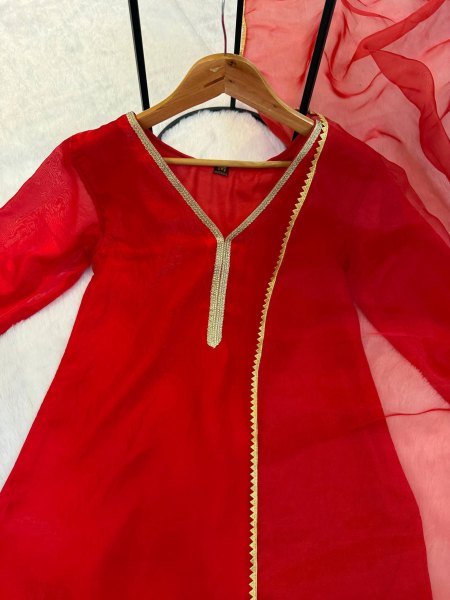 Elegant Red Fandy Satin Embroidered Kurti Farshi Salwar Dupatta Set at Manufacturer  Ready To Wear Collection