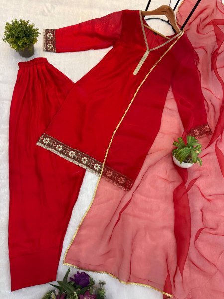 Elegant Red Fandy Satin Embroidered Kurti Farshi Salwar Dupatta Set at Manufacturer  Ready To Wear Collection