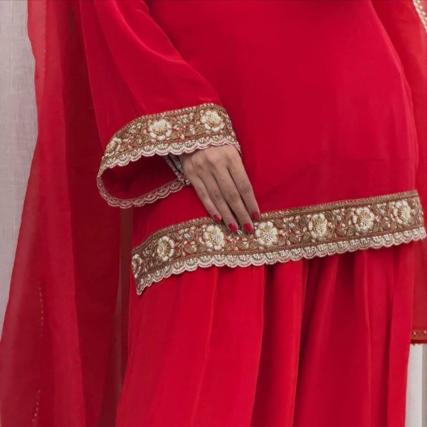 Elegant Red Fandy Satin Embroidered Kurti Farshi Salwar Dupatta Set at Manufacturer  Ready To Wear Collection
